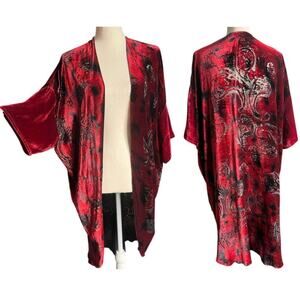 Velvet Burnout Rich Red Kimono Sleeve Shawl Whimsigoth Fairy Goth Blouse Top Med